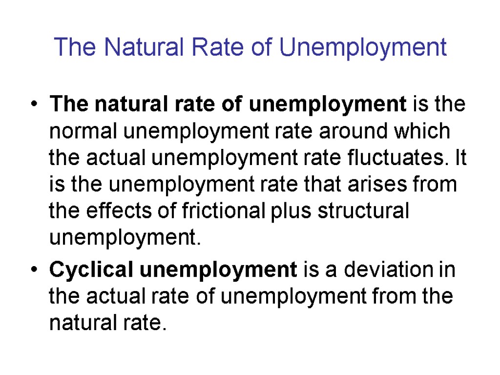 The Natural Rate of Unemployment The natural rate of unemployment is the normal unemployment